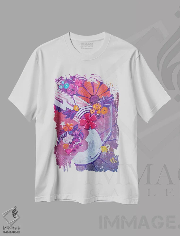 تیشرت سفید طرح دار شکوفایی صوتی ۲، آبستره اثر کولورمور | immage.ir
