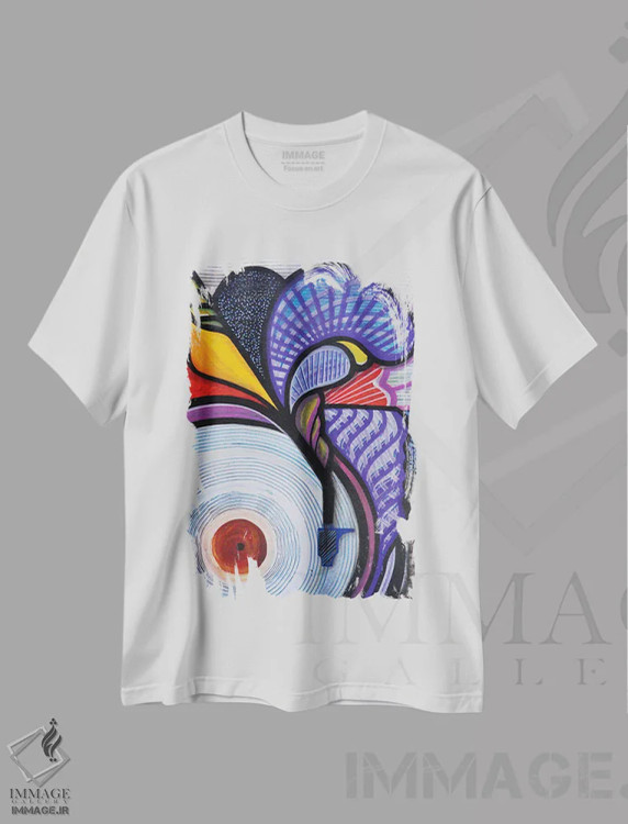 تیشرت سفید طرح دار شکوفایی صوتی ۱، آبستره اثر کولورمور | فروشگاه ایماژ
