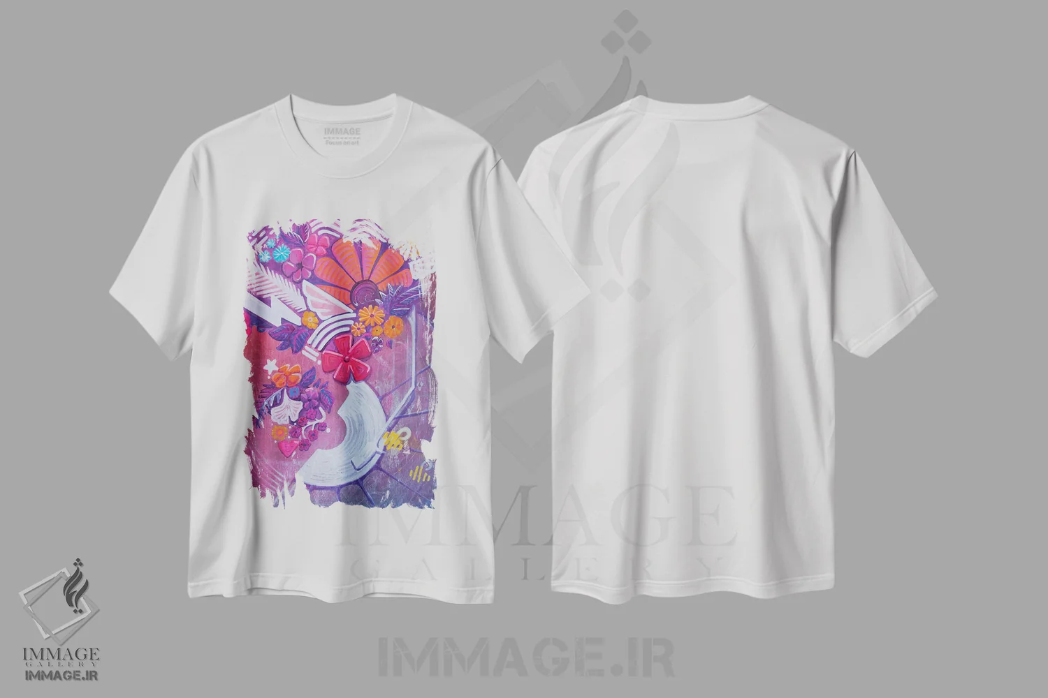 تیشرت سفید طرح دار شکوفایی صوتی ۲، آبستره اثر کولورمور | immage.ir