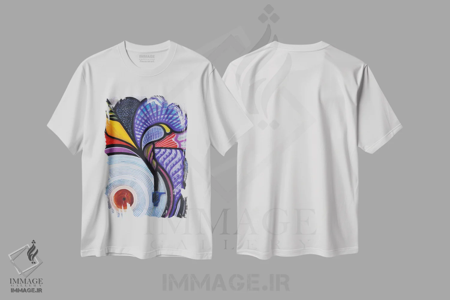 تیشرت سفید طرح دار شکوفایی صوتی ۱، آبستره اثر کولورمور | فروشگاه ایماژ