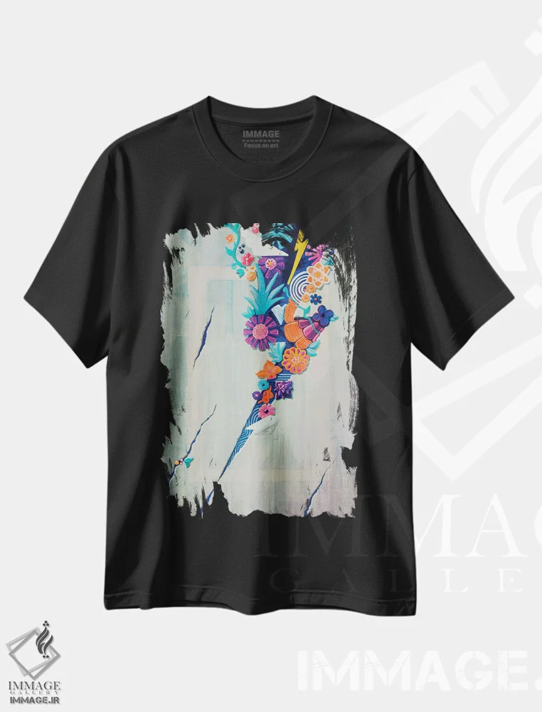 تیشرت مشکی طرح دار شکوفایی، آبستره اثر کولورمور | فروشگاه ایماژ