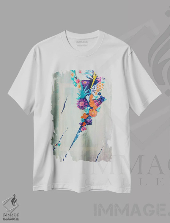 تیشرت سفید طرح دار شکوفایی، آبستره اثر کولورمور | immage.ir