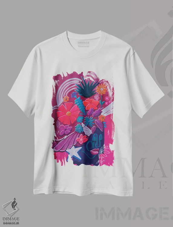 تیشرت سفید طرح دار باغ ۱، آبستره اثر کولورمور | فروشگاه ایماژ