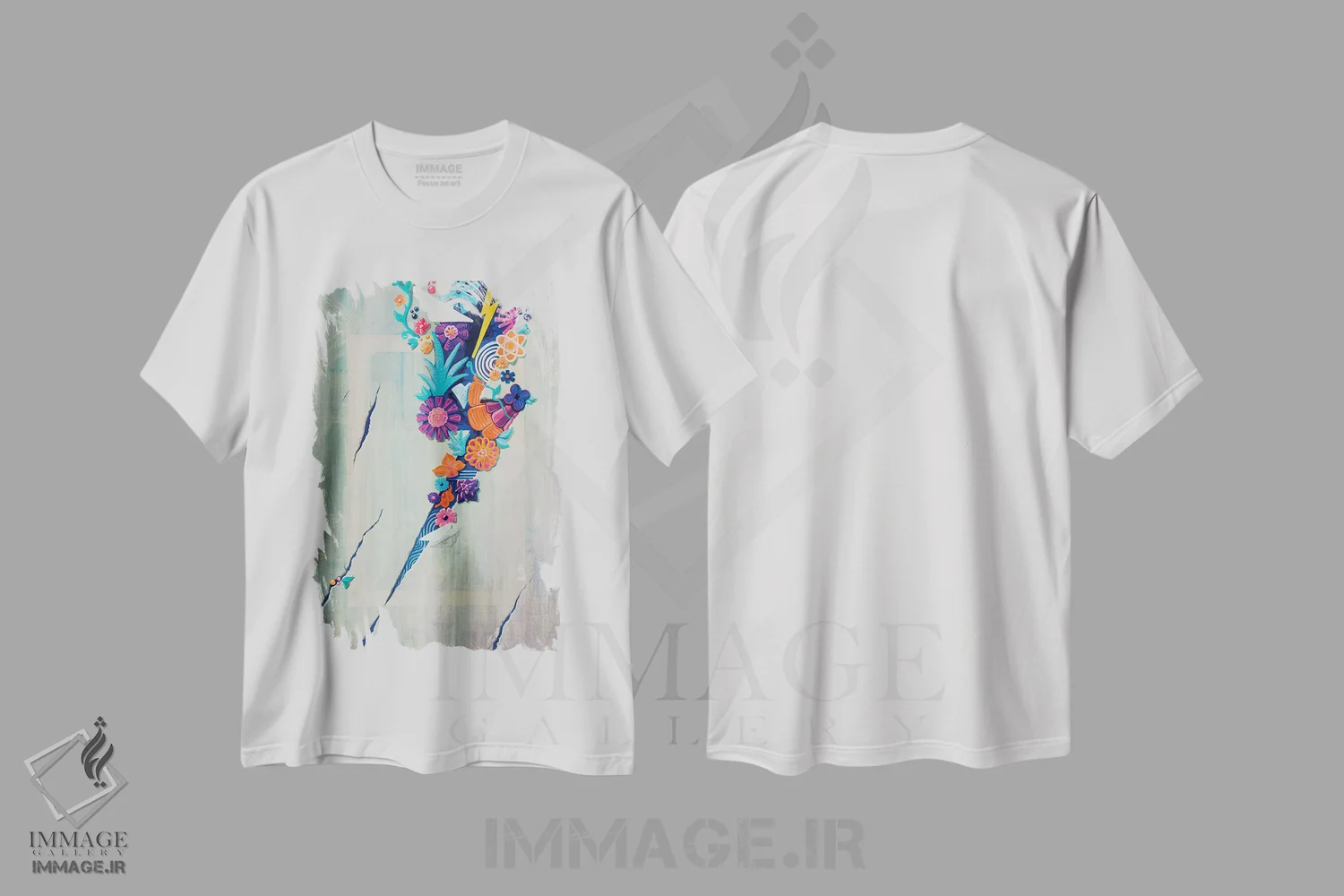 تیشرت سفید طرح دار شکوفایی، آبستره اثر کولورمور | immage.ir