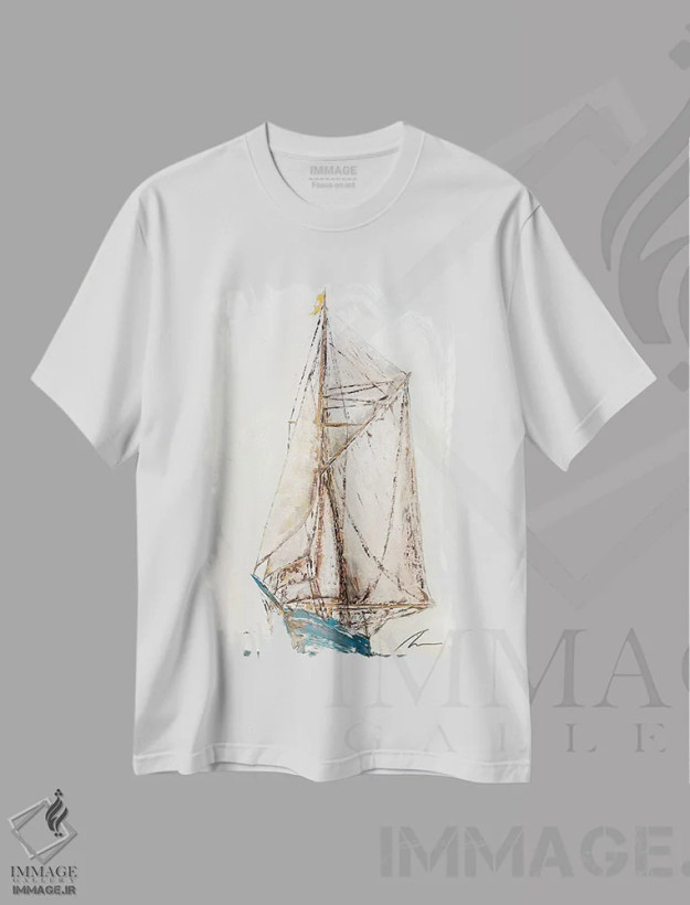 تیشرت سفید طرح دار کشتی بادبانی آبی، هنر فاخر معاصر اثر کوروش نژاد | فروشگاه ایماژ