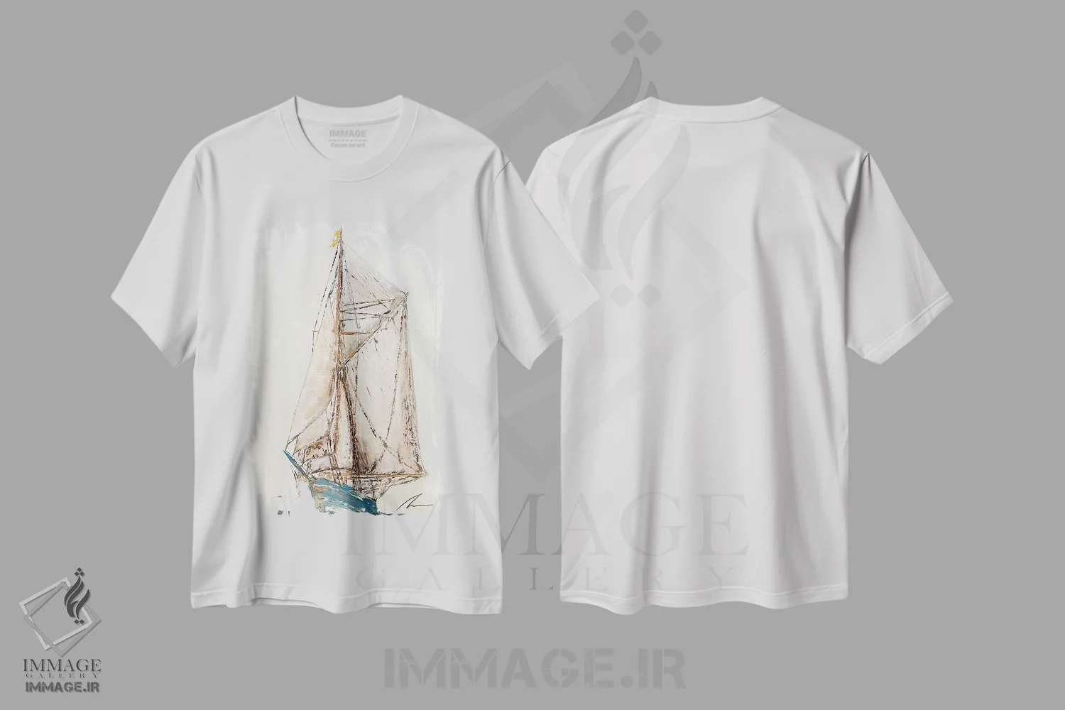 تیشرت سفید طرح دار کشتی بادبانی آبی، هنر فاخر معاصر اثر کوروش نژاد | فروشگاه ایماژ