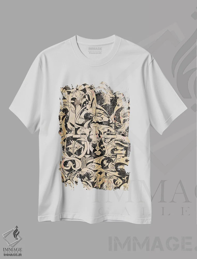 تیشرت سفید طرح دار وایکینگ ها و سلت ها، آبستره اثر کوروش نژاد | فروشگاه ایماژ