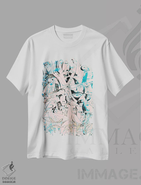 تیشرت سفید طرح دار مصر باستان در نمادها، آبستره اثر کوروش نژاد | immage.ir