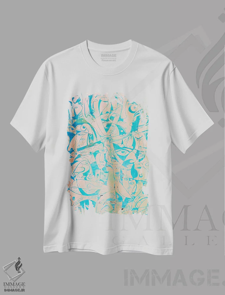 تیشرت سفید طرح دار مصر باستان در نمادها، آبستره اثر کوروش نژاد | فروشگاه ایماژ