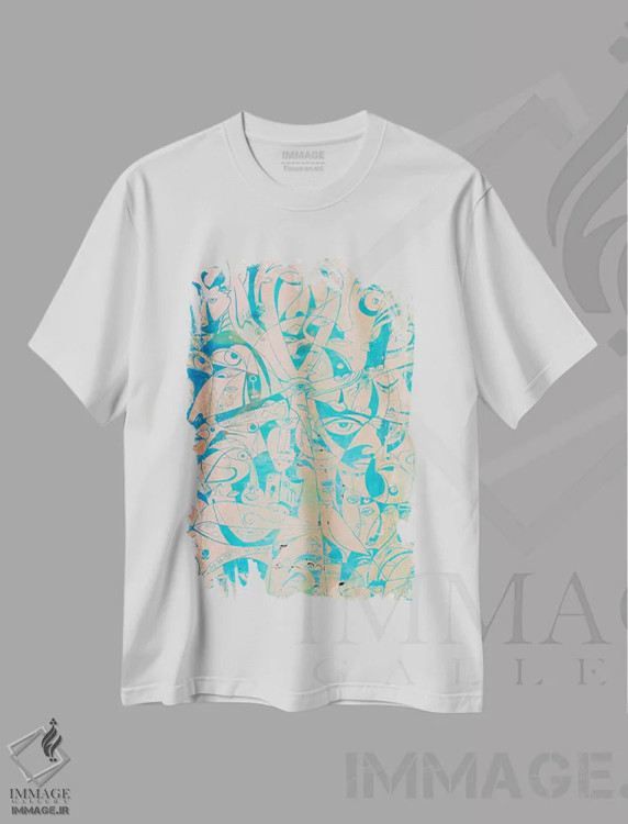 تیشرت سفید طرح دار مصر باستان در نمادها، آبستره اثر کوروش نژاد | فروشگاه ایماژ