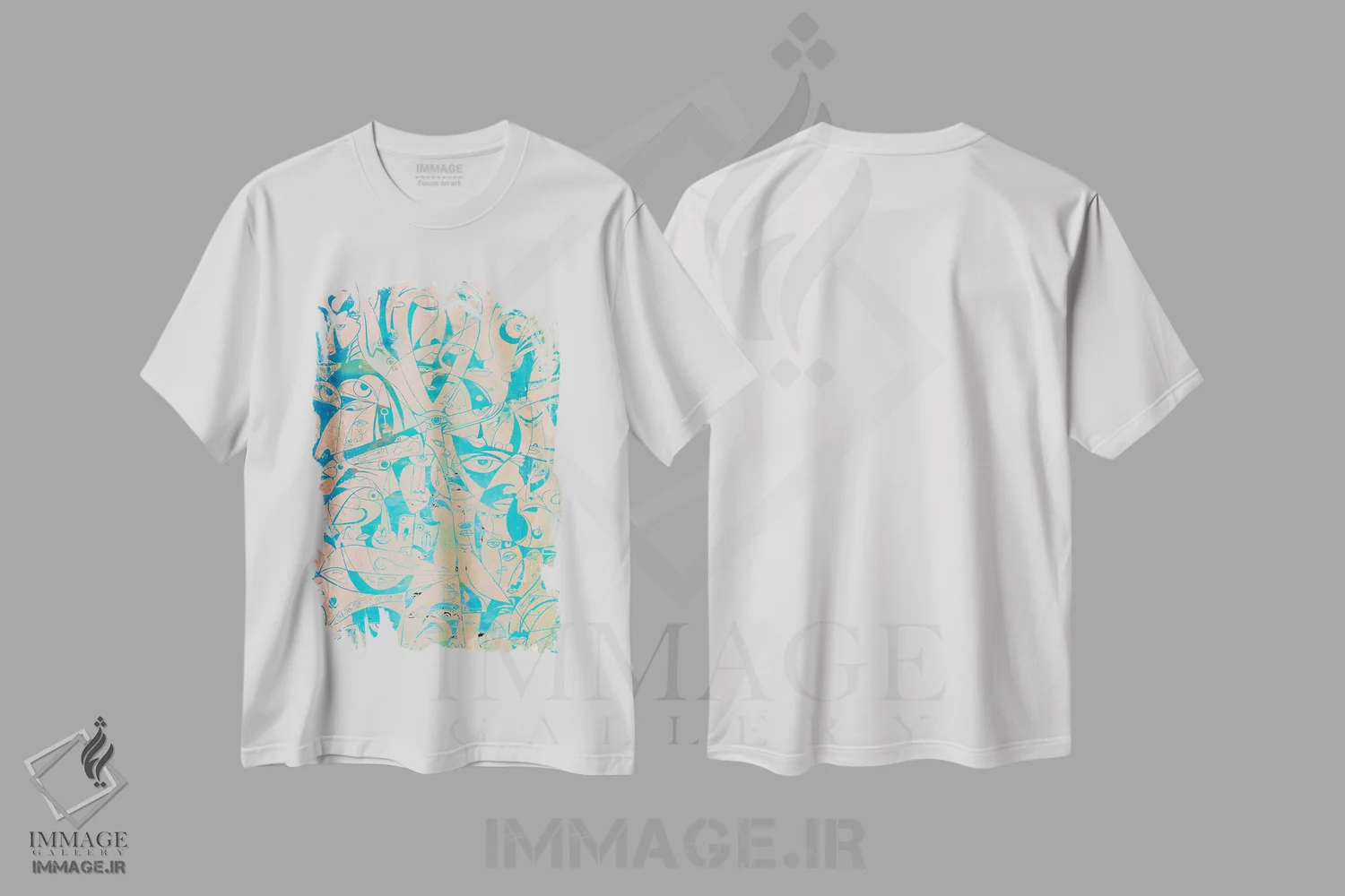 تیشرت سفید طرح دار مصر باستان در نمادها، آبستره اثر کوروش نژاد | فروشگاه ایماژ