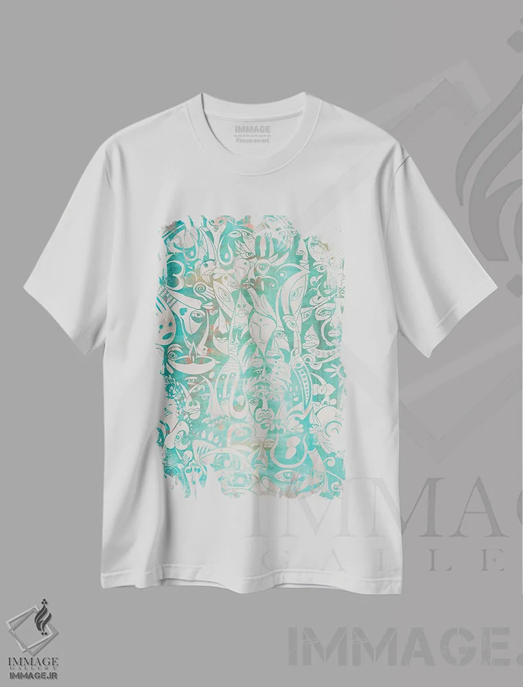 تیشرت سفید طرح دار سبز، آبستره اثر کوروش نژاد | فروشگاه ایماژ