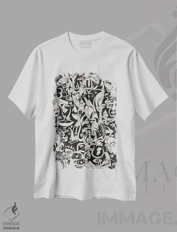 تیشرت سفید طرح دار خاکستری، آبستره اثر کوروش نژاد | immage.ir