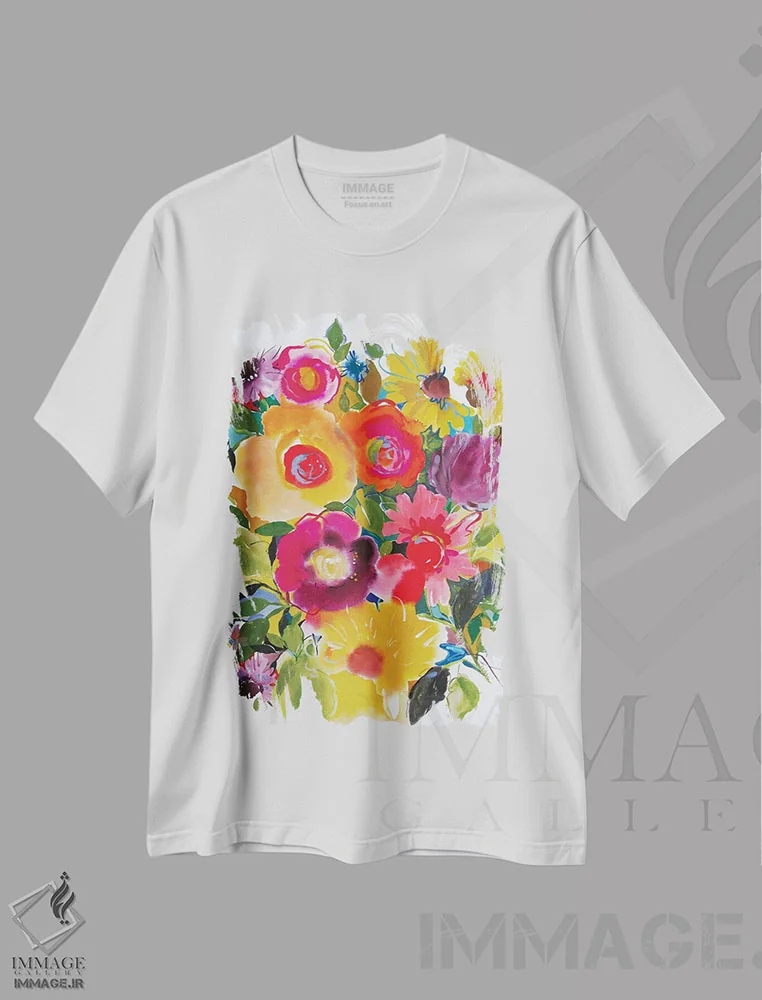 تیشرت سفید طرح دار زینیاهای بنفش، تزئینی اثر کیم پارکر | immage.ir