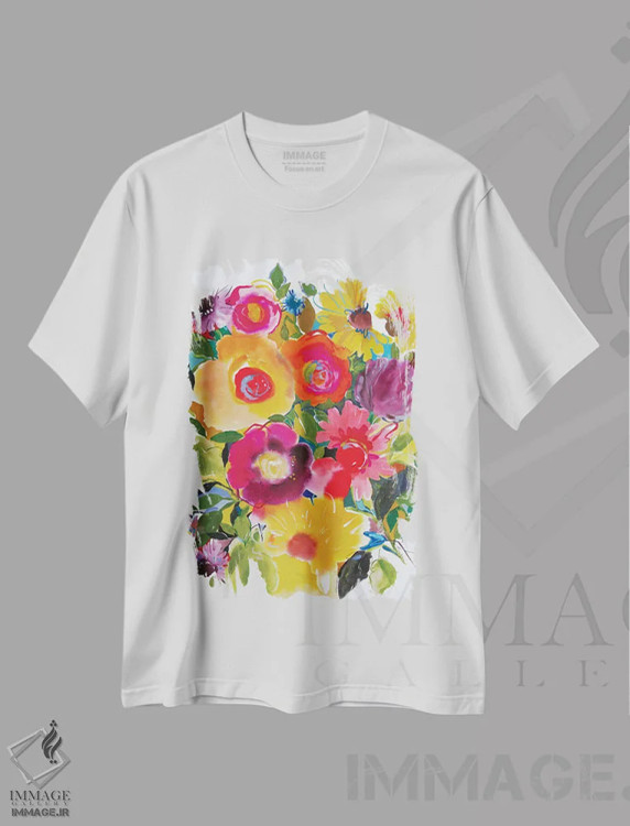 تیشرت سفید طرح دار زینیاهای بنفش، تزئینی اثر کیم پارکر | immage.ir