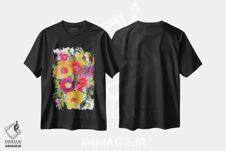 تیشرت مشکی طرح دار زینیاهای بنفش، تزئینی اثر کیم پارکر | فروشگاه ایماژ