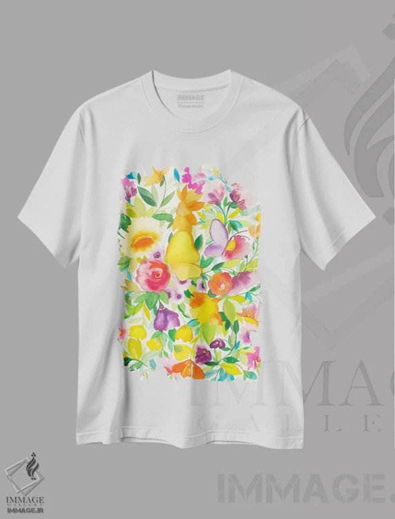 تیشرت سفید طرح دار باغ پروانه شهریار، مدیوم اثر کیم پارکر | immage.ir