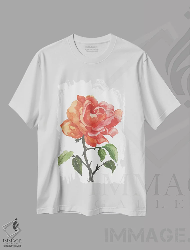 تیشرت سفید طرح دار گل رز وحشی، دکور معاصر اثر کیم پارکر | فروشگاه ایماژ