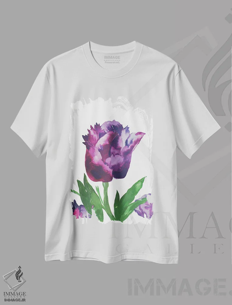 تیشرت سفید طرح دار لاله بنفش، دکور معاصر اثر کیم پارکر | فروشگاه ایماژ