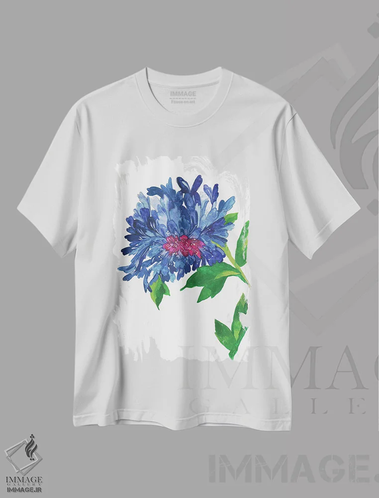 تیشرت سفید طرح دار زینیا آبی، دکور معاصر اثر کیم پارکر | فروشگاه ایماژ