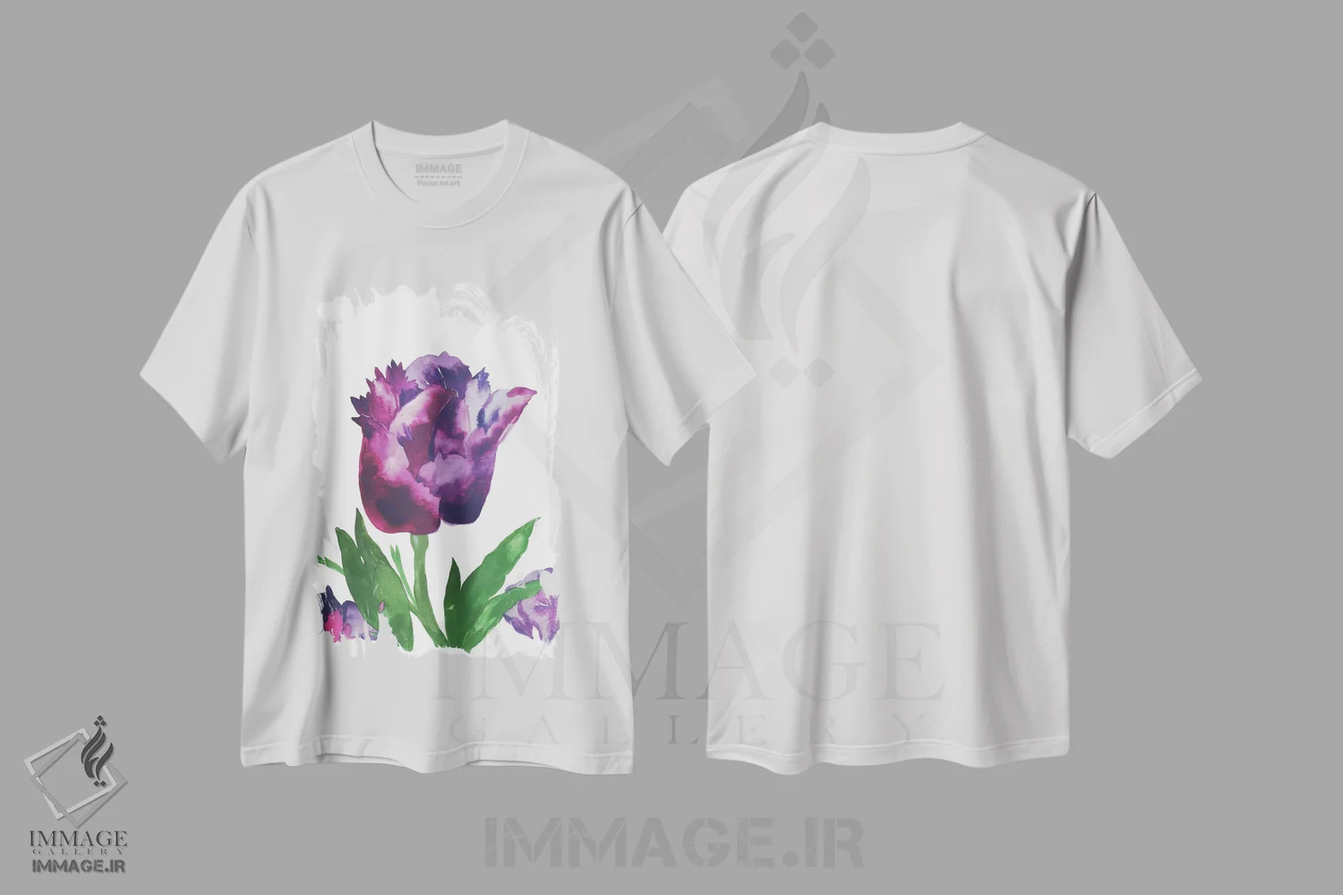 تیشرت سفید طرح دار لاله بنفش، دکور معاصر اثر کیم پارکر | فروشگاه ایماژ