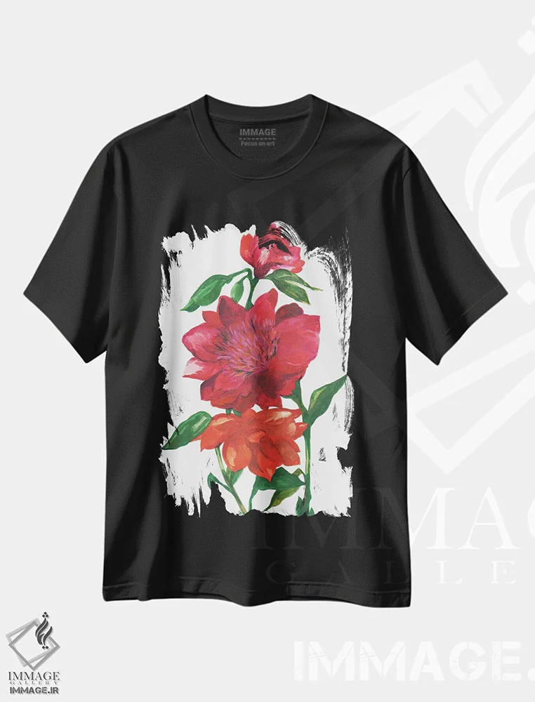 تیشرت مشکی طرح دار سه گل رز وحشی، دکور معاصر اثر کیم پارکر | فروشگاه ایماژ