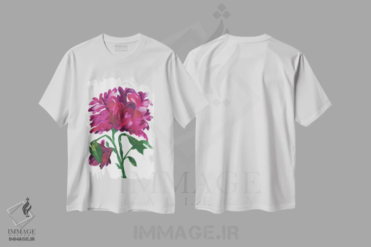 تیشرت سفید طرح دار زینیا بنفش وحشی، دکور معاصر اثر کیم پارکر | فروشگاه ایماژ