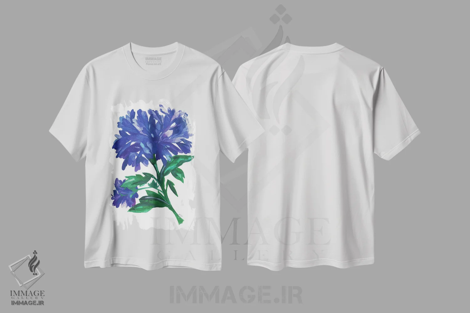 تیشرت سفید طرح دار زینیاهای آبی سلطنتی، دکور معاصر اثر کیم پارکر | فروشگاه ایماژ