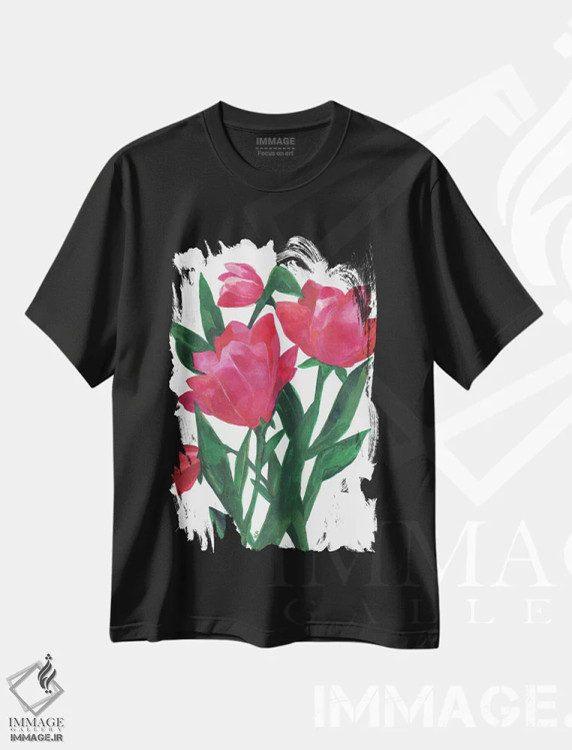 تیشرت مشکی طرح دار لاله های صورتی، دکور معاصر اثر کیم پارکر | فروشگاه ایماژ