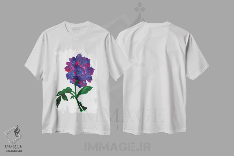 تیشرت سفید طرح دار نیلوفر آبی بنفش، دکور معاصر اثر کیم پارکر | فروشگاه ایماژ