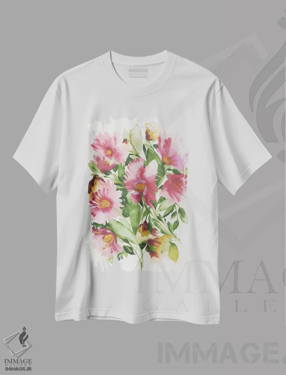 تیشرت سفید طرح دار شکوفه های تابستانی، دکور معاصر اثر کیم پارکر | فروشگاه ایماژ