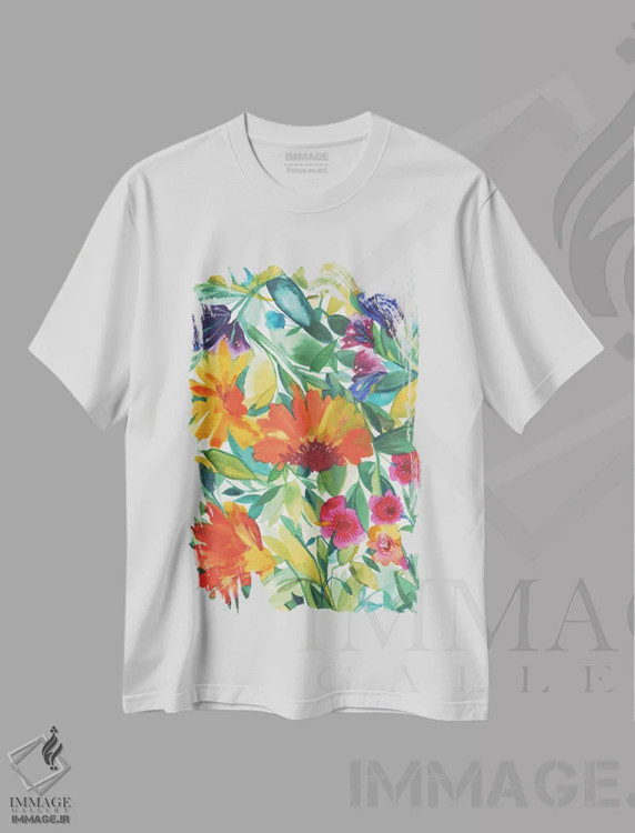 تیشرت سفید طرح دار زینیاهای نارنجی، دکور معاصر اثر کیم پارکر | فروشگاه ایماژ