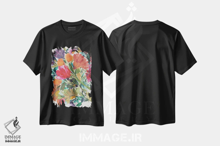 تیشرت مشکی طرح دار لاله های ماه ژوئیه، دکور معاصر اثر کیم پارکر | فروشگاه ایماژ