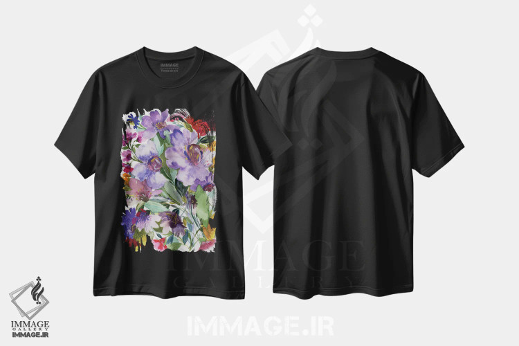 تیشرت مشکی طرح دار کلماتیس بنفش، دکور معاصر اثر کیم پارکر | فروشگاه ایماژ