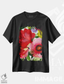 تیشرت مشکی طرح دار زینیای صورتی و لاله سرخ، دکور معاصر اثر کیم پارکر | فروشگاه ایماژ