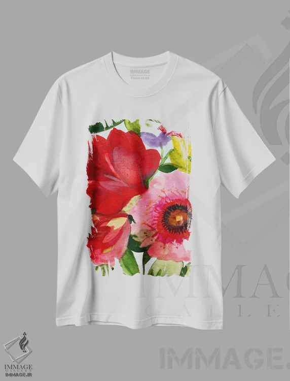 تیشرت سفید طرح دار زینیای صورتی و لاله سرخ، دکور معاصر اثر کیم پارکر | immage.ir
