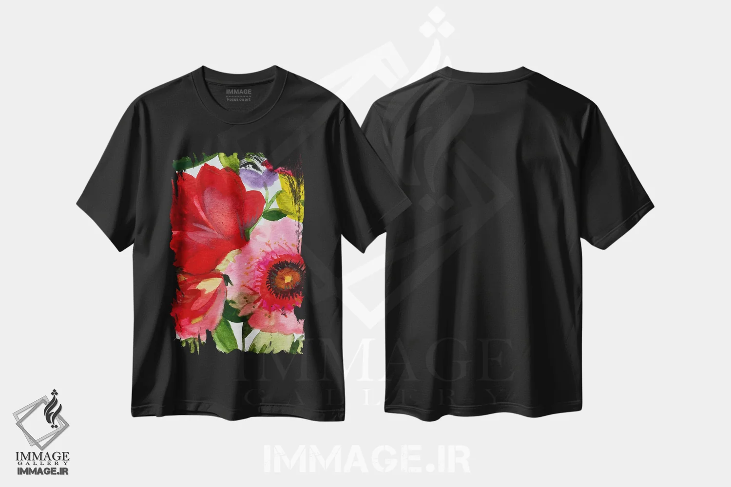 تیشرت مشکی طرح دار زینیای صورتی و لاله سرخ، دکور معاصر اثر کیم پارکر | فروشگاه ایماژ