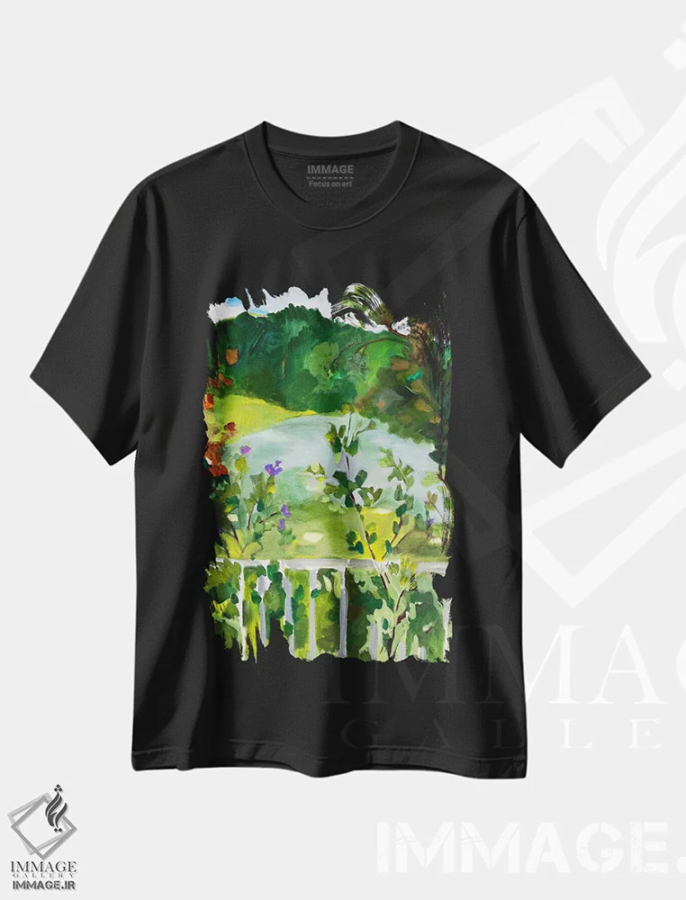 تیشرت مشکی طرح دار ختمی کنار دریاچه، آبستره اثر کیم پارکر | فروشگاه ایماژ