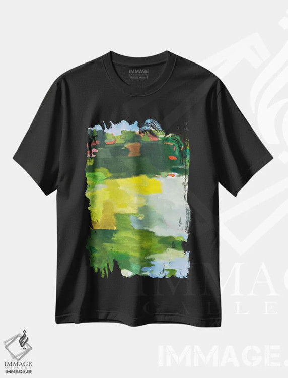 تیشرت مشکی طرح دار آفتاب بر دریاچه، آبستره اثر کیم پارکر | فروشگاه ایماژ
