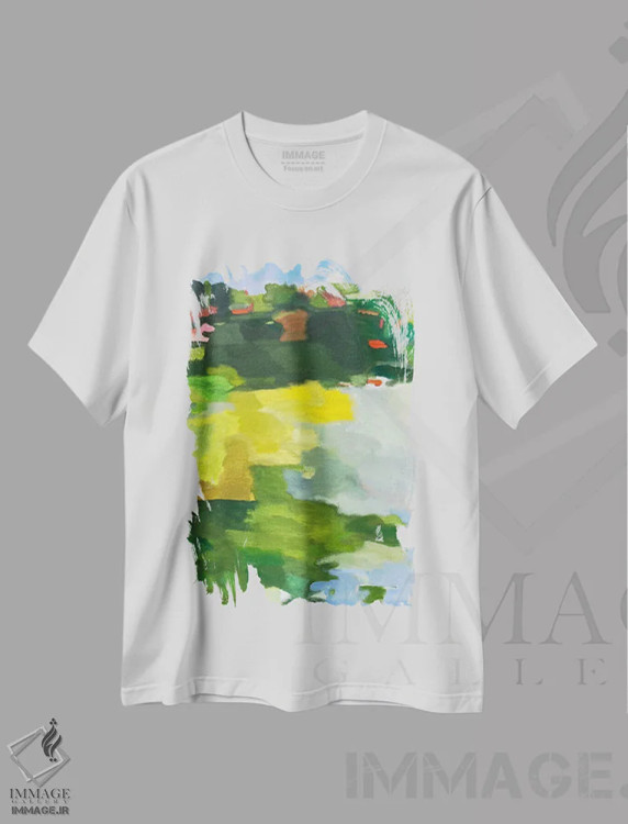 تیشرت سفید طرح دار آفتاب بر دریاچه، آبستره اثر کیم پارکر | immage.ir