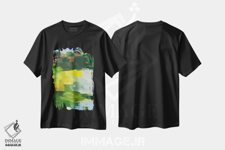 تیشرت مشکی طرح دار آفتاب بر دریاچه، آبستره اثر کیم پارکر | فروشگاه ایماژ