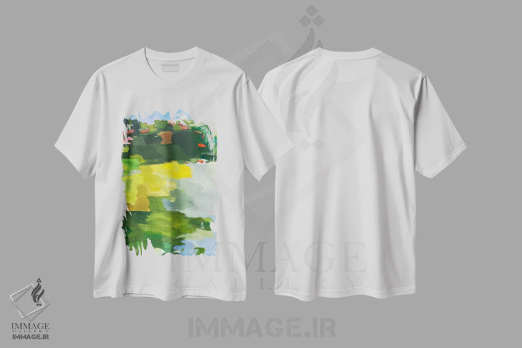 تیشرت سفید طرح دار آفتاب بر دریاچه، آبستره اثر کیم پارکر | immage.ir