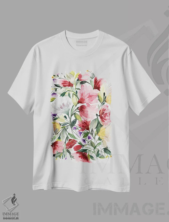 تیشرت سفید طرح دار ختمی صورتی اثر کیم پارکر | فروشگاه ایماژ