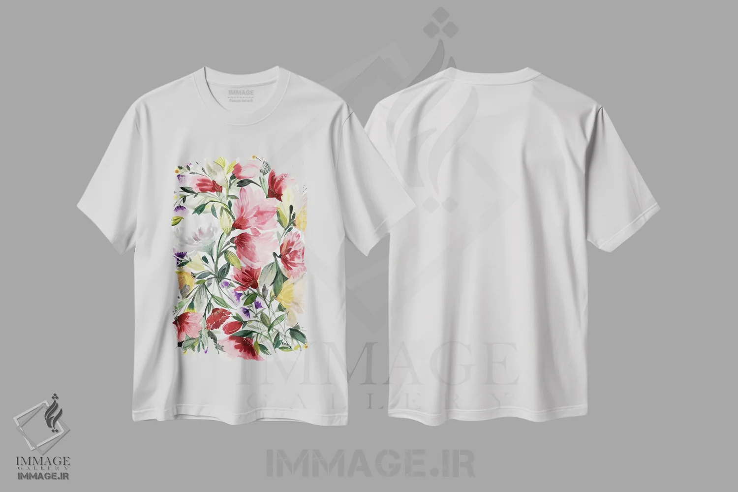 تیشرت سفید طرح دار ختمی صورتی اثر کیم پارکر | فروشگاه ایماژ