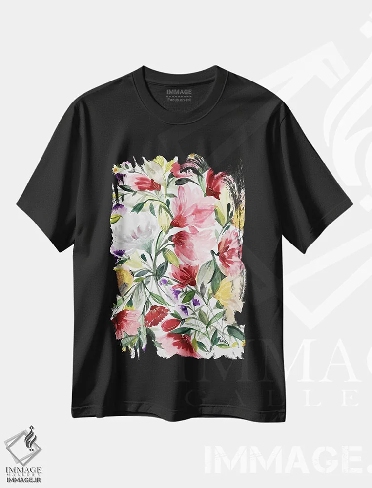 تیشرت مشکی طرح دار ختمی صورتی اثر کیم پارکر | immage.ir