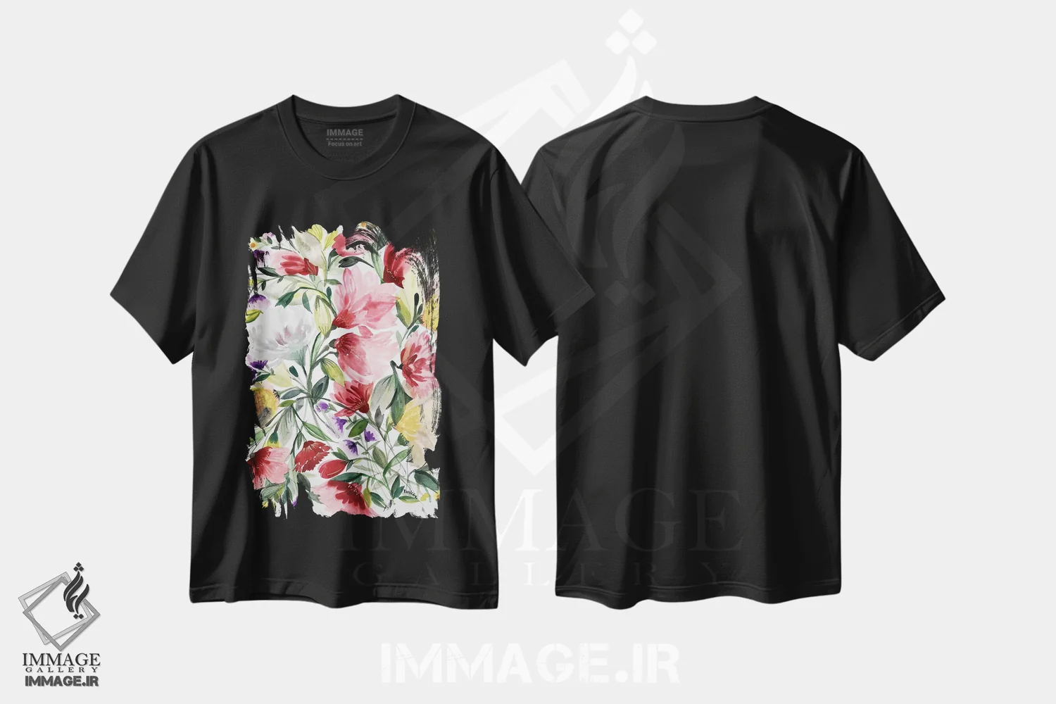 تیشرت مشکی طرح دار ختمی صورتی اثر کیم پارکر | immage.ir