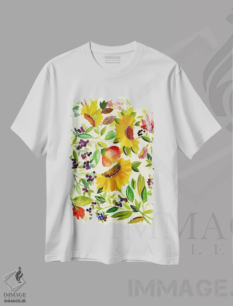 تیشرت سفید طرح دار گل های آفتابگردان، تزئینی اثر کیم پارکر | immage.ir