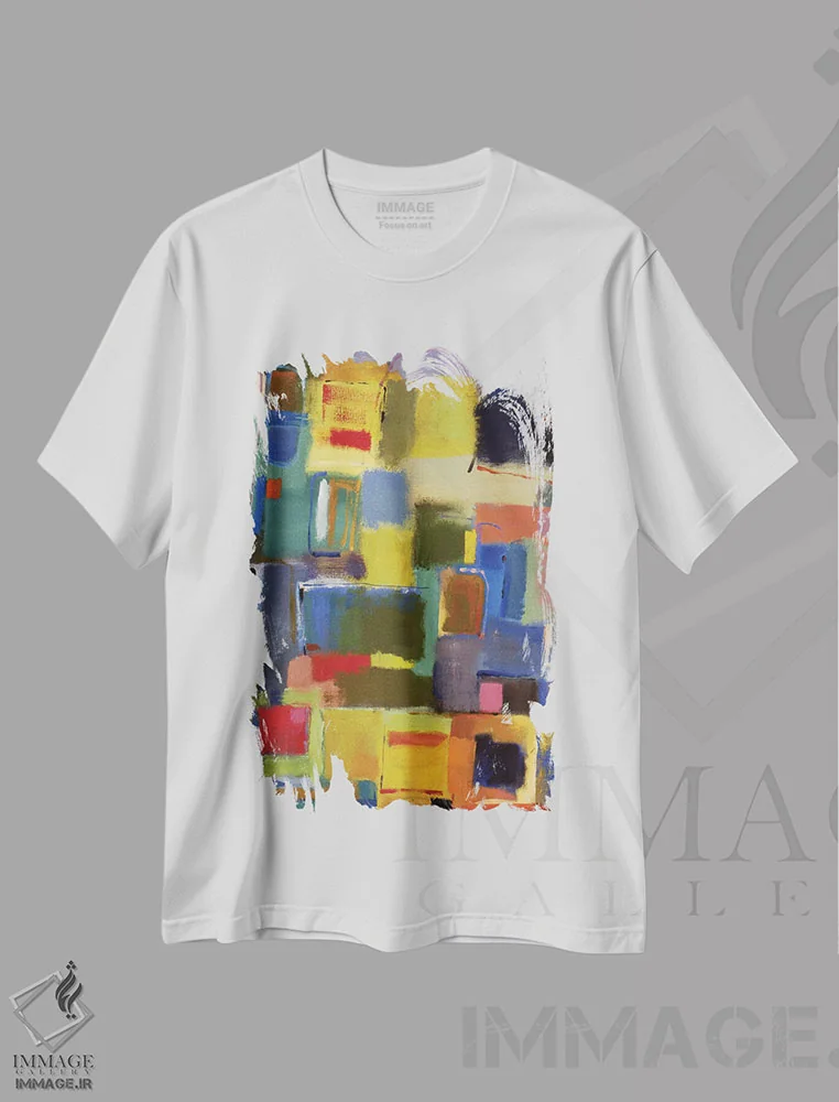 تیشرت سفید طرح دار جستار رنگی با خاکستری اثر کیم پارکر | فروشگاه ایماژ