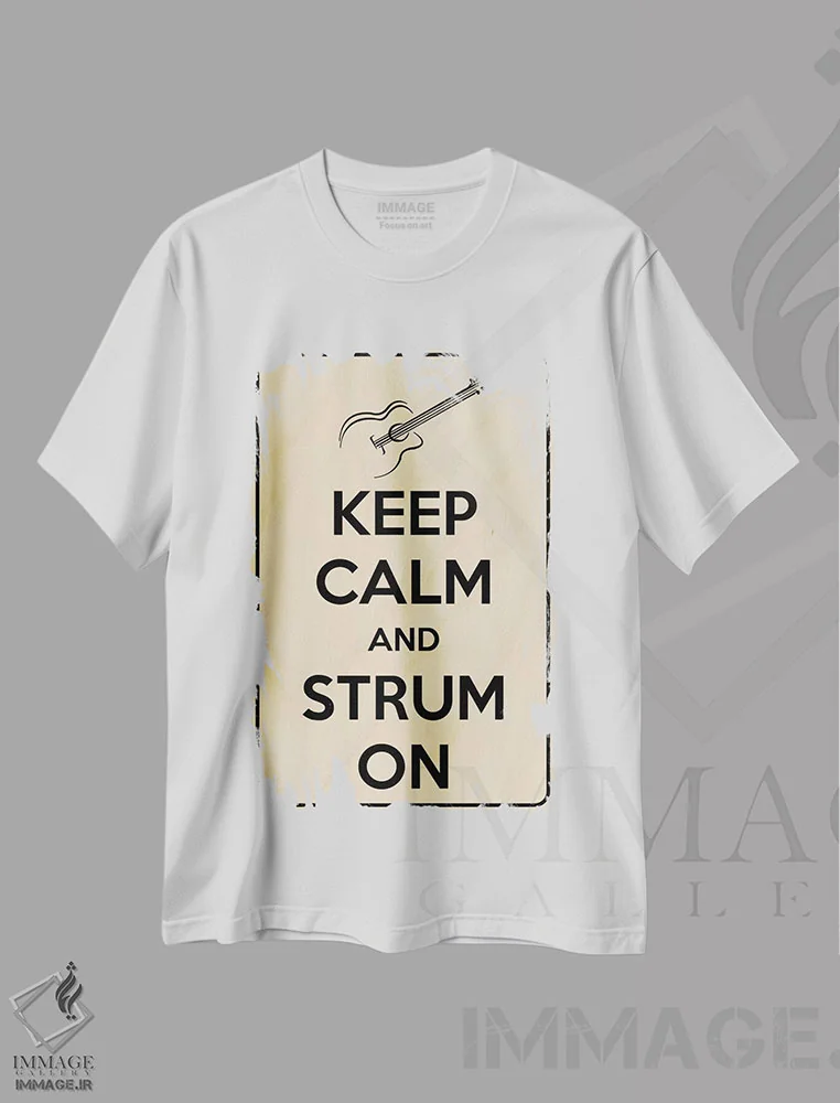 تیشرت سفید طرح دار آرام باش و به نواختن ادامه بده، تزئینی اثر فایو بای فایو کالکتیو | فروشگاه ایماژ