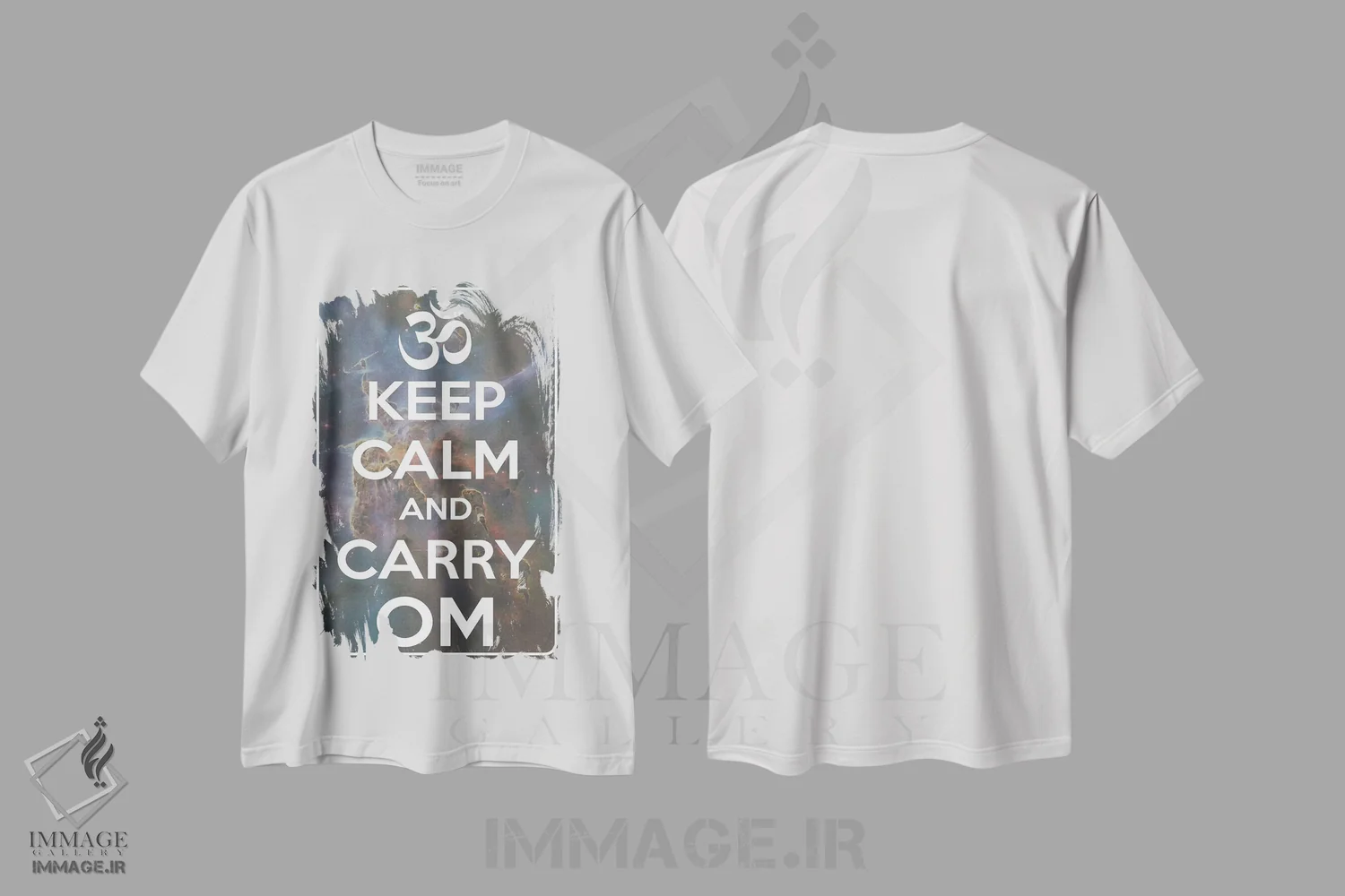 تیشرت سفید طرح دار آرام باش و "اُم" را ادامه بده، تایپوگرافی اثر هنرمند ناشناس | فروشگاه ایماژ